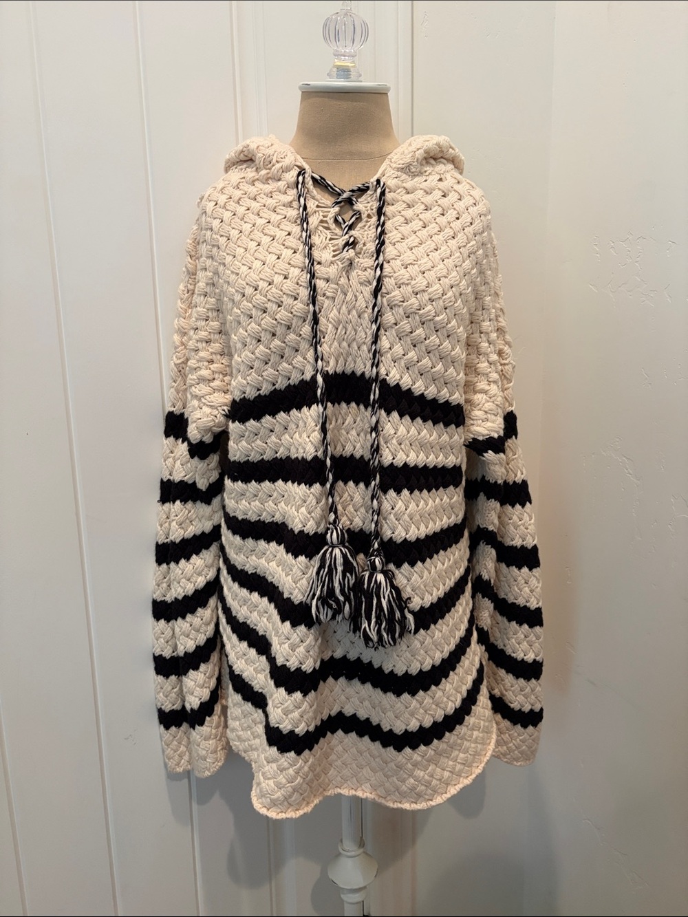 Alanui Chunky Hooded Wool Knit Sweater in Cream and Black